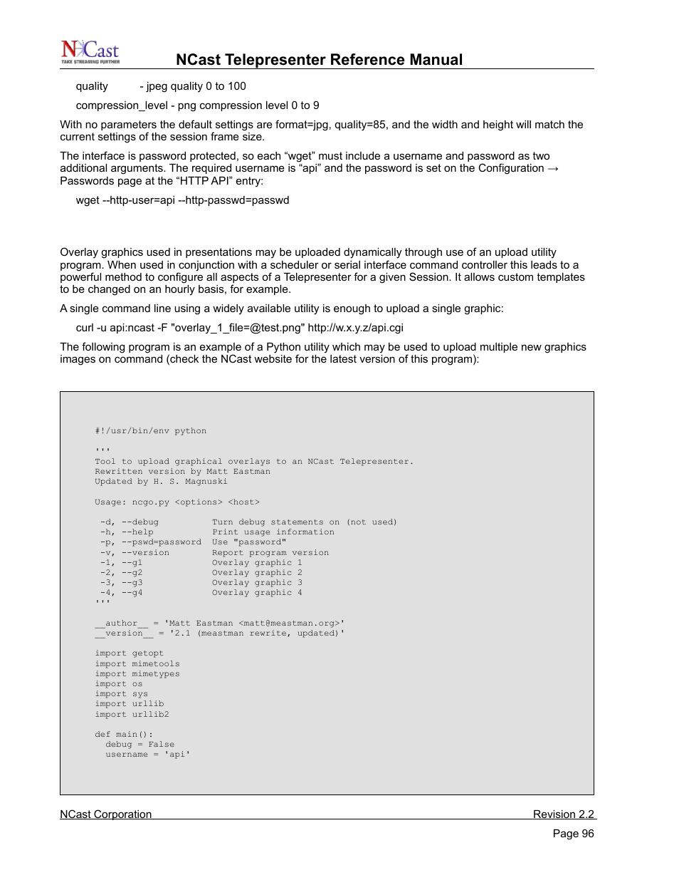 Http interface – graphics overlay upload, Ncast telepresenter reference manual | NCast Telepresenter M4 User Manual | Page 96 / 107