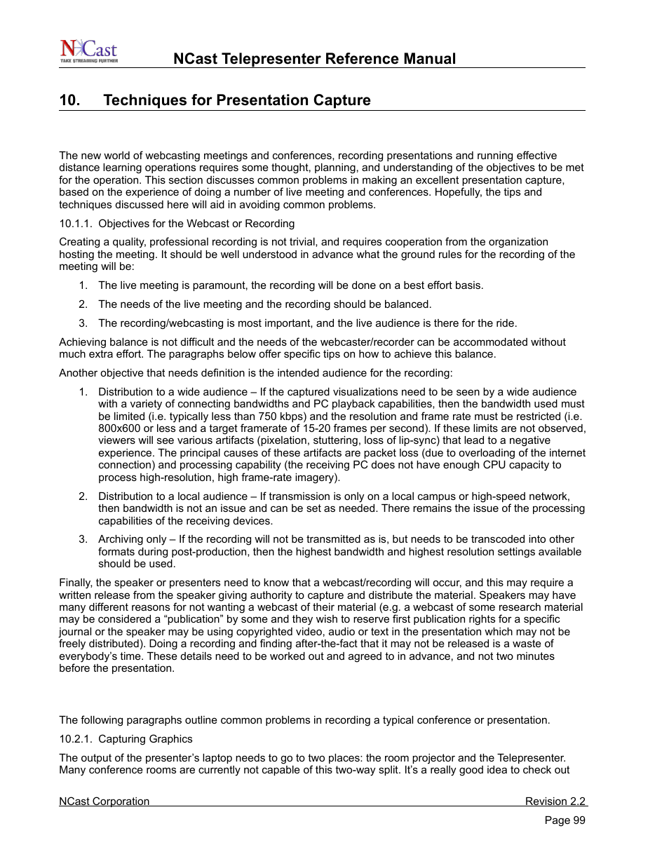 Techniques for presentation capture, Webcasting, podcasting and archiving, Capturing graphics, video and audio | NCast Telepresenter M4 User Manual | Page 99 / 107