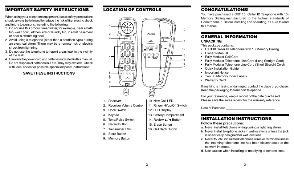 Important safety instructions, Location of controls, General information | Installation instructions | Conair CID110 User Manual | Page 2 / 7