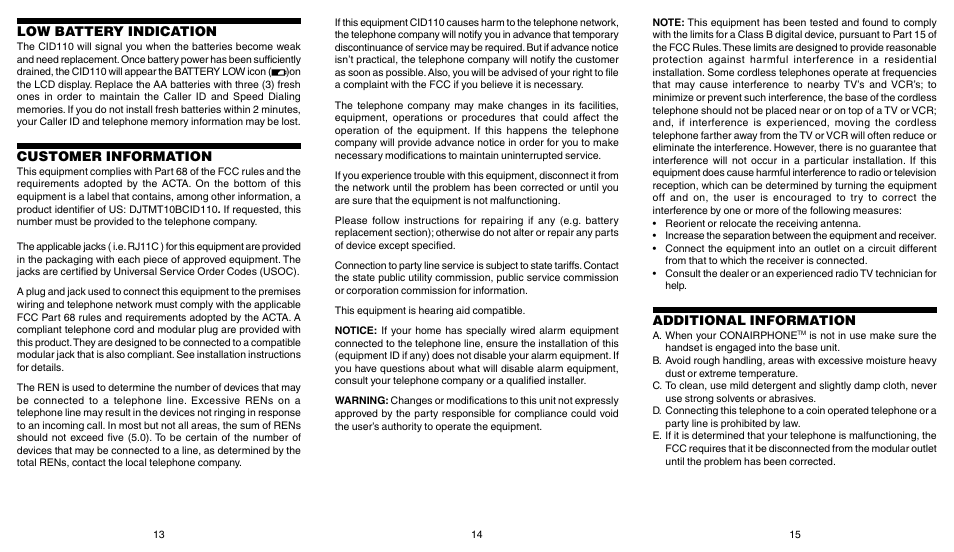 Low battery indication, Customer information, Additional information | Conair CID110 User Manual | Page 6 / 7