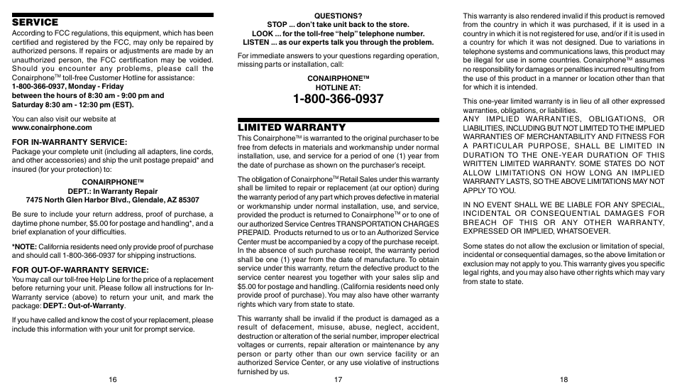 Service, Limited warranty | Conair CID110 User Manual | Page 7 / 7