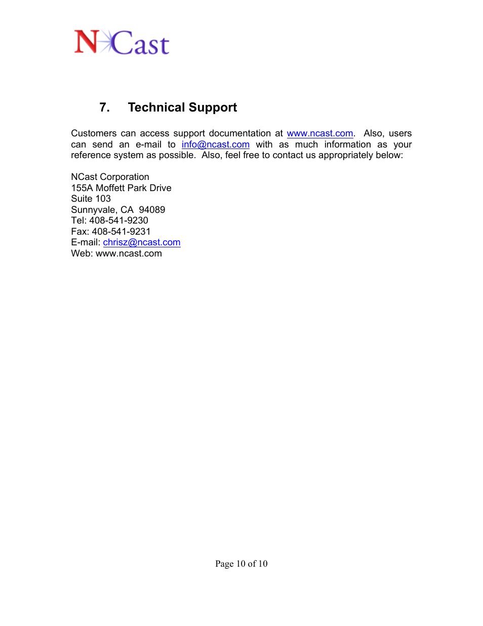 Technical support | NCast Digitizer Capture Card v2.0 User Manual | Page 10 / 10