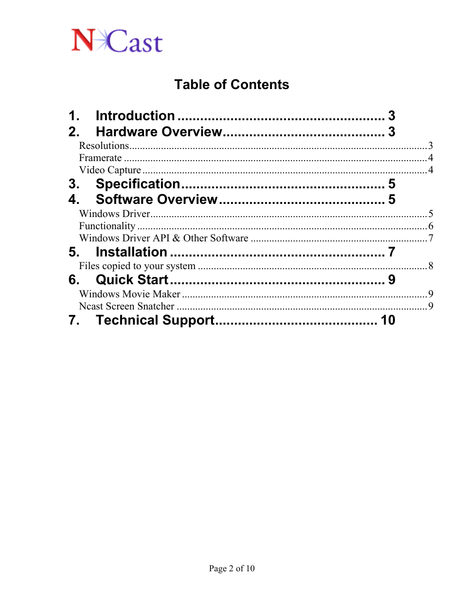 Table of contents 1, Introduction, Hardware overview | Specification, Software overview, Installation, Quick start, Technical support | NCast Digitizer Capture Card v2.0 User Manual | Page 2 / 10