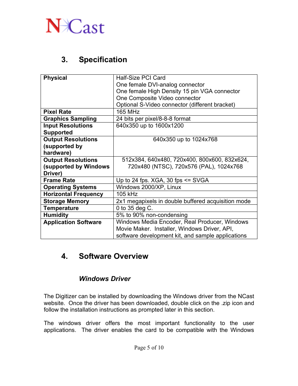 Specification, Software overview | NCast Digitizer Capture Card v2.0 User Manual | Page 5 / 10