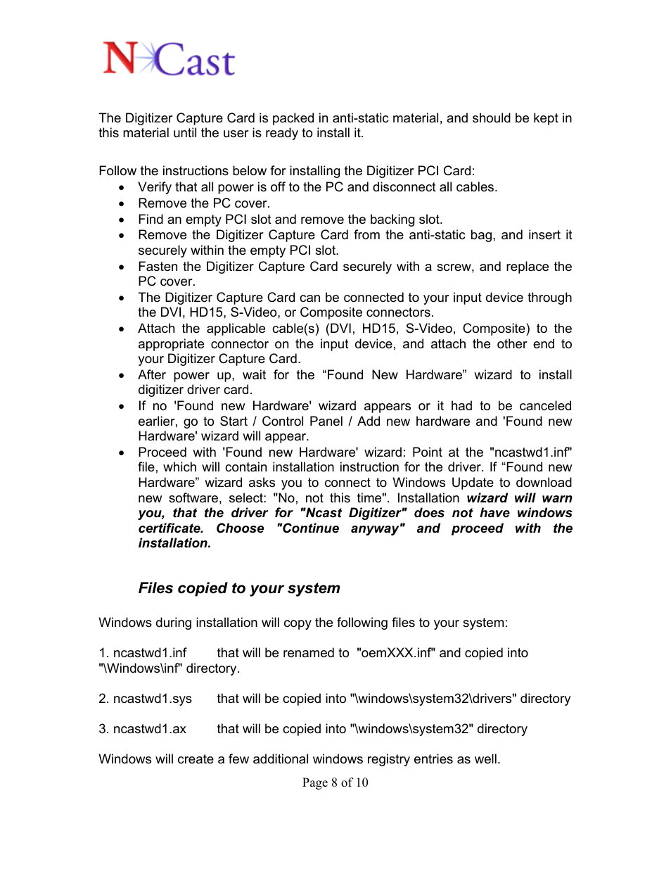 NCast Digitizer Capture Card v2.0 User Manual | Page 8 / 10