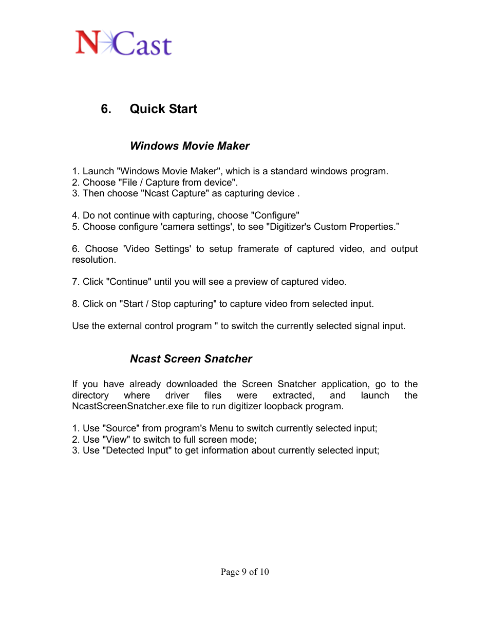 Quick start | NCast Digitizer Capture Card v2.0 User Manual | Page 9 / 10