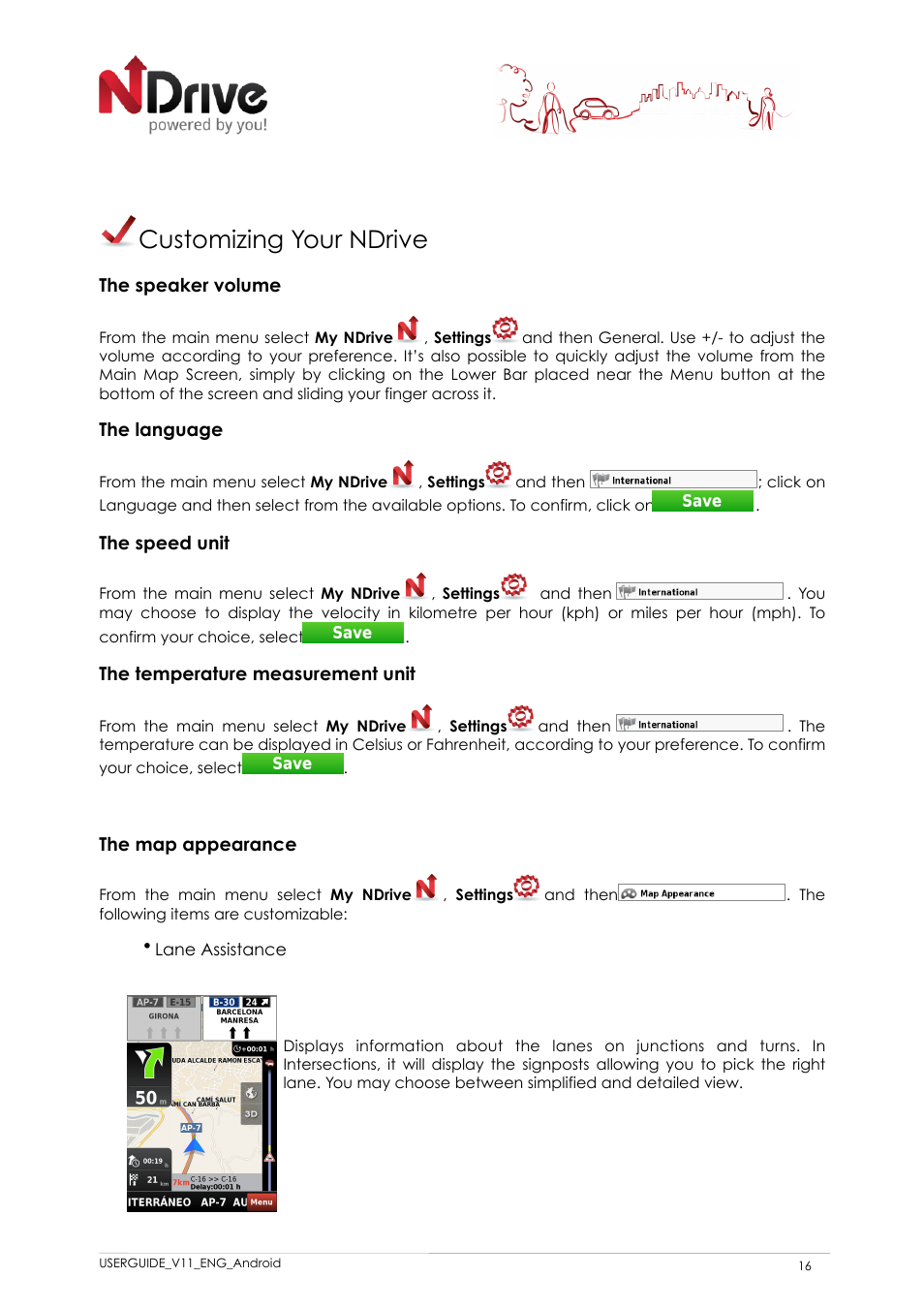 Customizing your ndrive, The speaker volume, The language | The speed unit, The temperature measurement unit, The map appearance, Lane assistance | NDrive 11 for android User Manual | Page 17 / 33