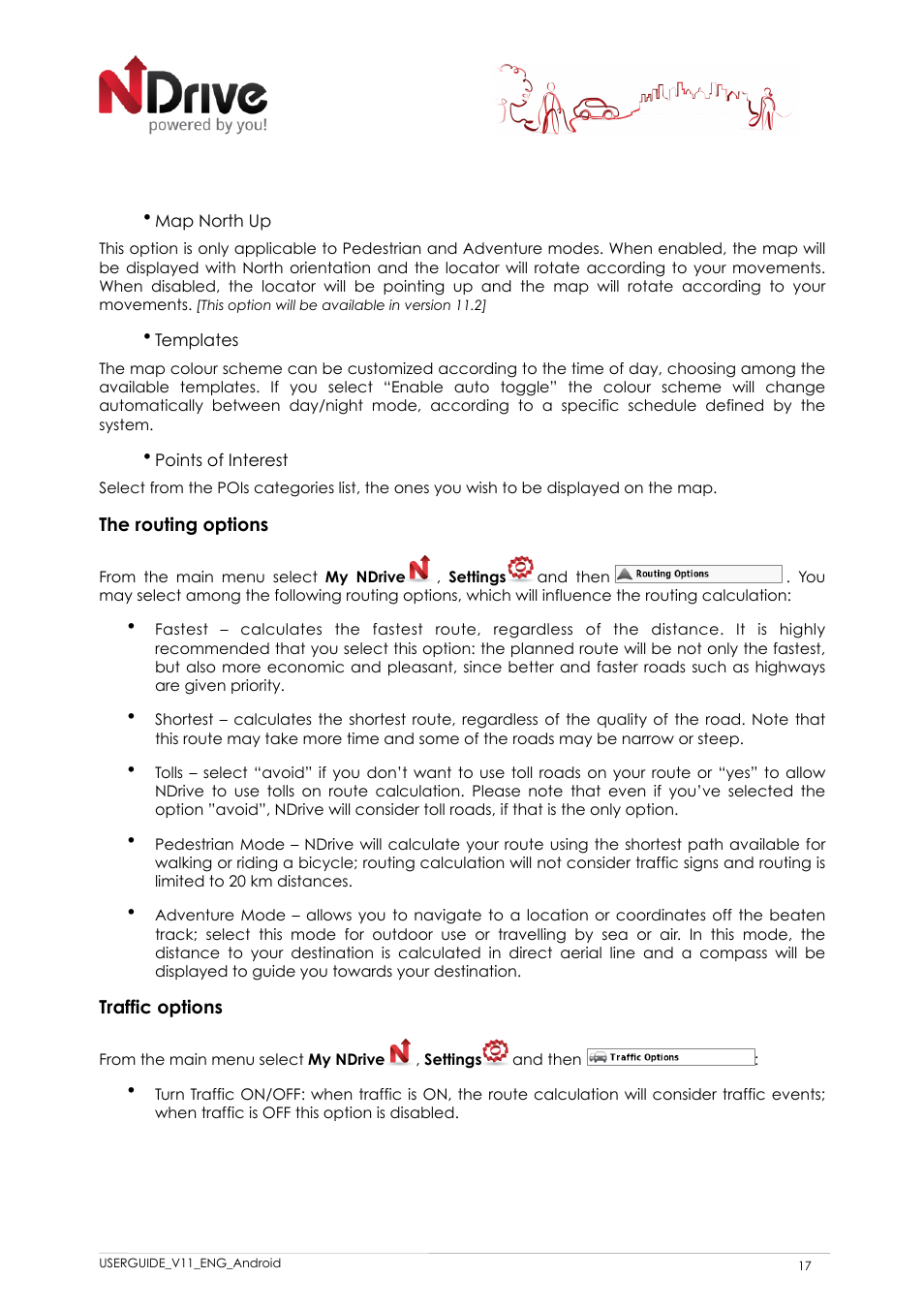 Map north up, Templates, Points of interest | The routing options, Traffic options | NDrive 11 for android User Manual | Page 18 / 33