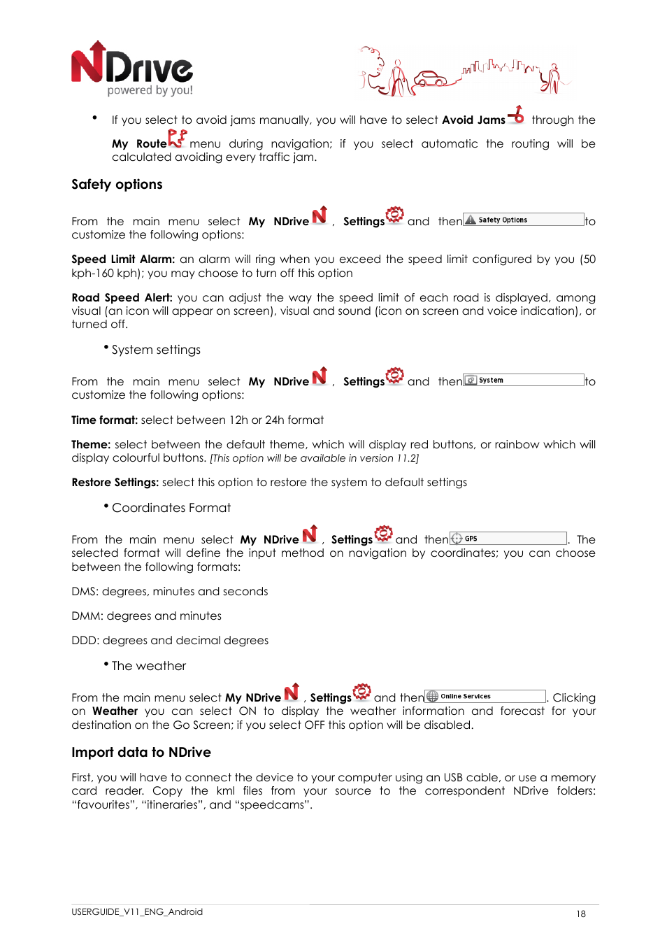 Safety options, System settings, Coordinates format | The weather, Import data to ndrive | NDrive 11 for android User Manual | Page 19 / 33