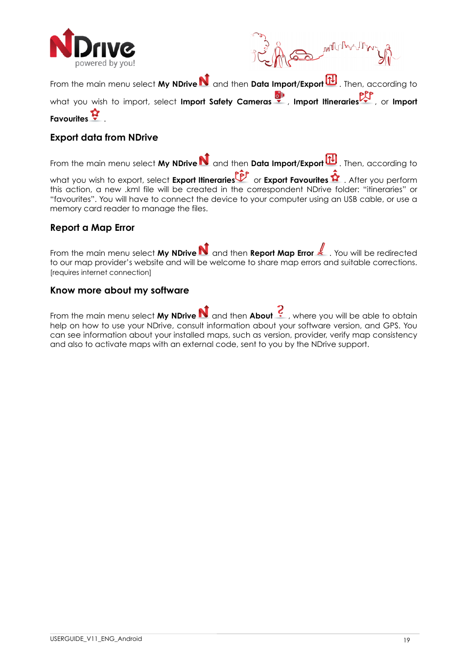 Export data from ndrive, Report a map error, Know more about my software | NDrive 11 for android User Manual | Page 20 / 33