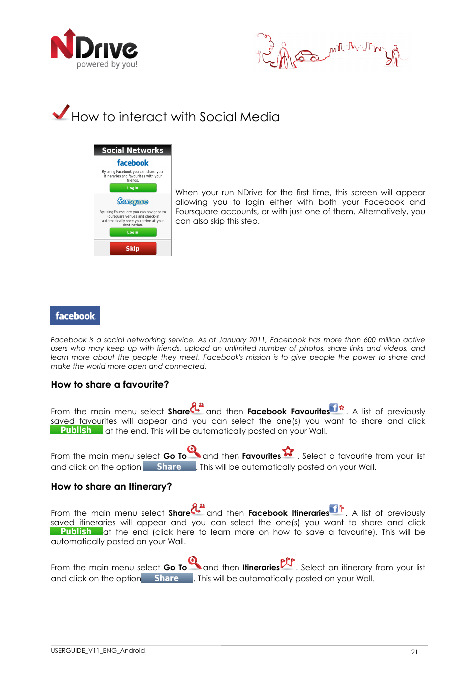 How to interact with social media, How to share a favourite, How to share an itinerary | NDrive 11 for android User Manual | Page 22 / 33