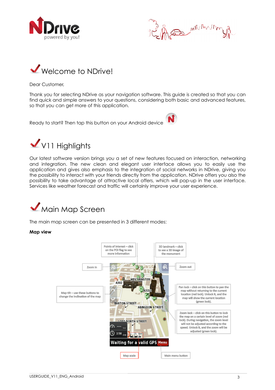 Welcome to ndrive, V11 highlights, Main map screen | NDrive 11 for android User Manual | Page 4 / 33