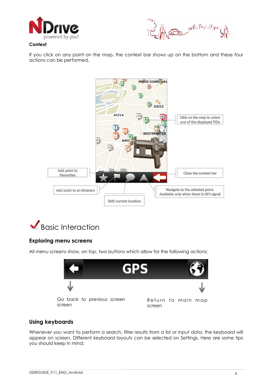 Basic interaction, Exploring menu screens, Using keyboards | NDrive 11 for android User Manual | Page 7 / 33