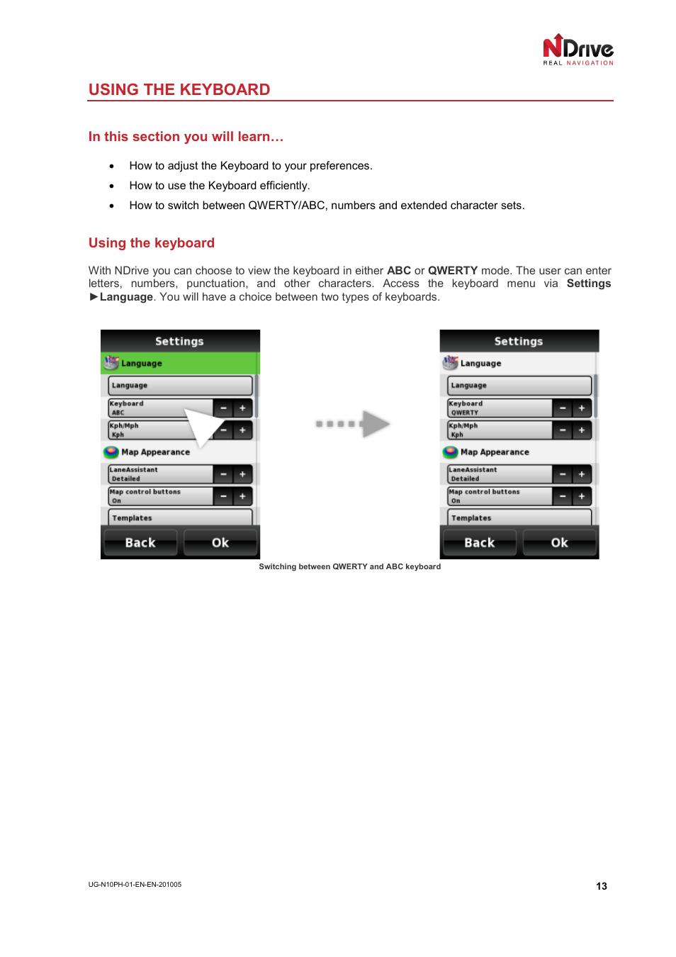 Using the keyboard, In this section you will learn | NDrive 10 for phones User Manual | Page 14 / 67