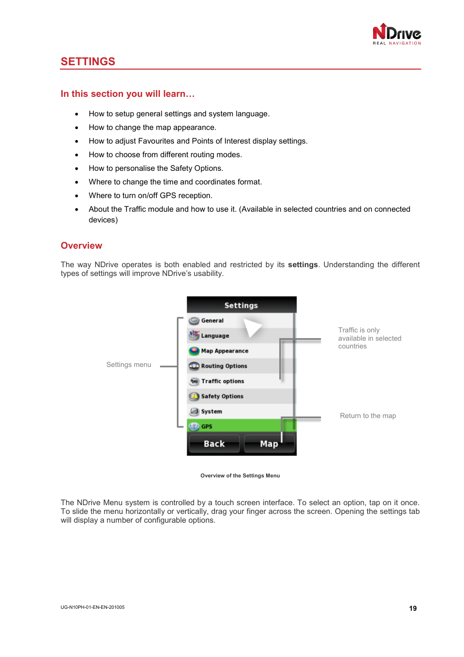 Settings, In this section you will learn, Overview | NDrive 10 for phones User Manual | Page 20 / 67