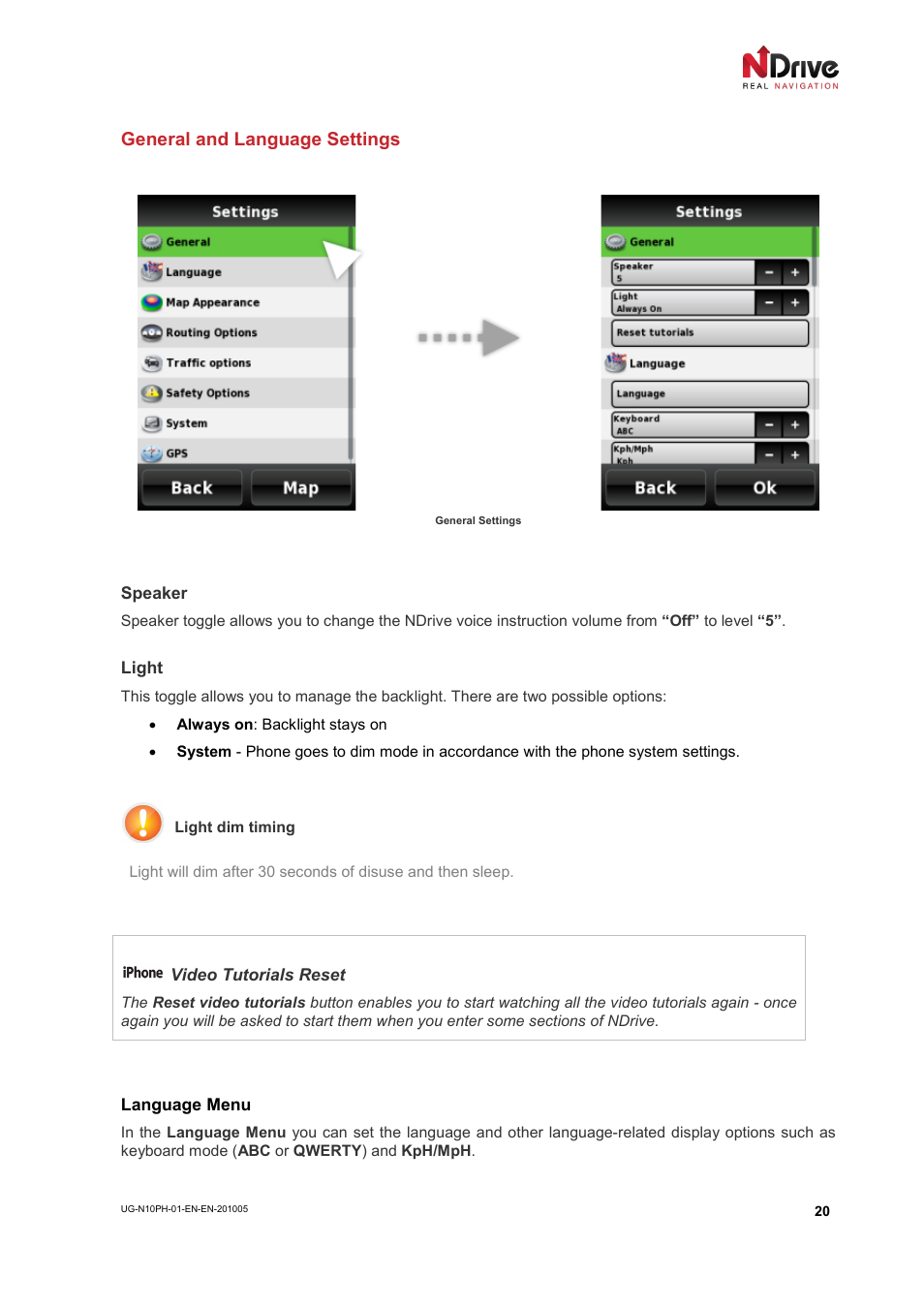 General and language settings | NDrive 10 for phones User Manual | Page 21 / 67