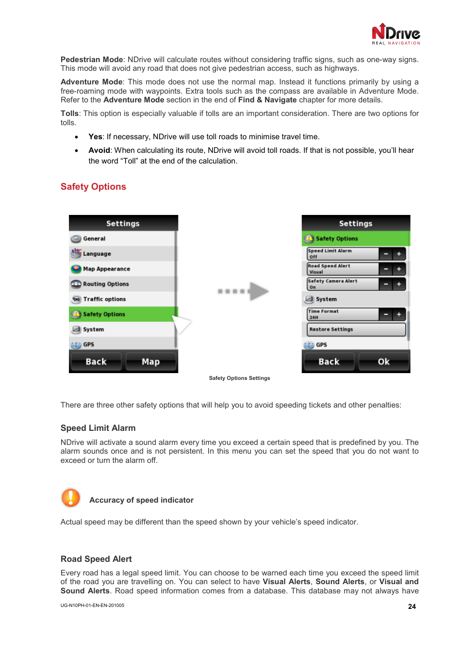 Safety options | NDrive 10 for phones User Manual | Page 25 / 67