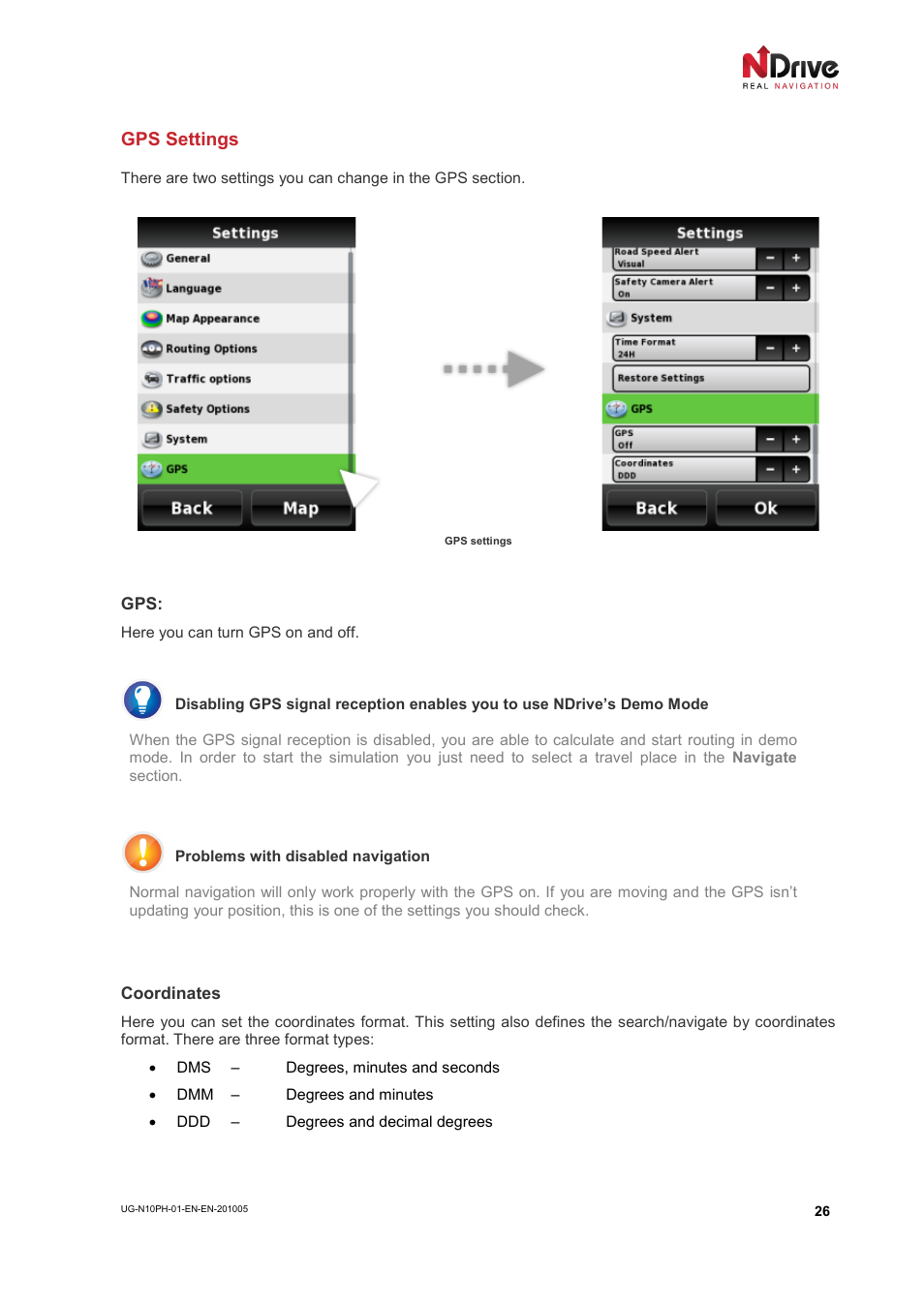 Gps settings | NDrive 10 for phones User Manual | Page 27 / 67