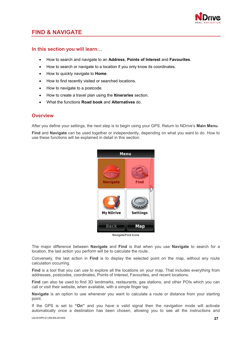 Find & navigate, In this section you will learn, Overview | NDrive 10 for phones User Manual | Page 28 / 67