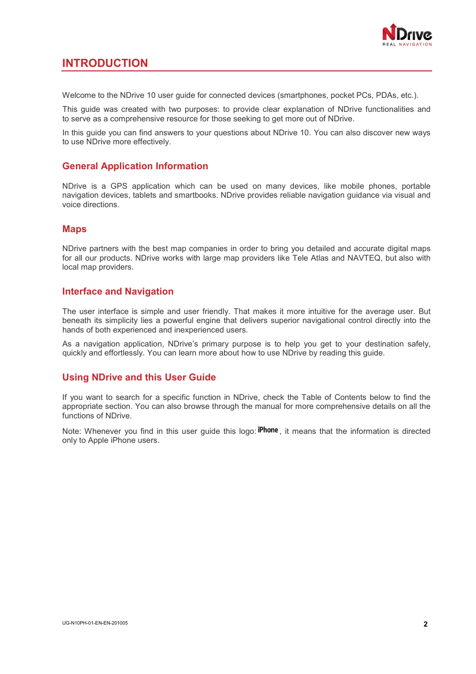 Introduction, General application information, Maps | Interface and navigation, Using ndrive and this user guide | NDrive 10 for phones User Manual | Page 3 / 67