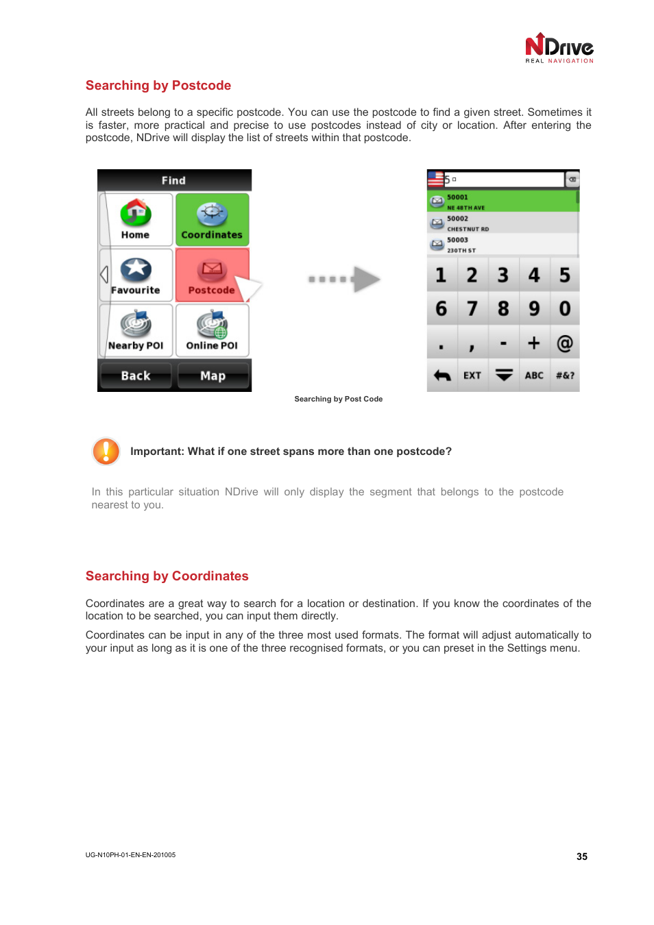 Searching by postcode, Searching by coordinates | NDrive 10 for phones User Manual | Page 36 / 67