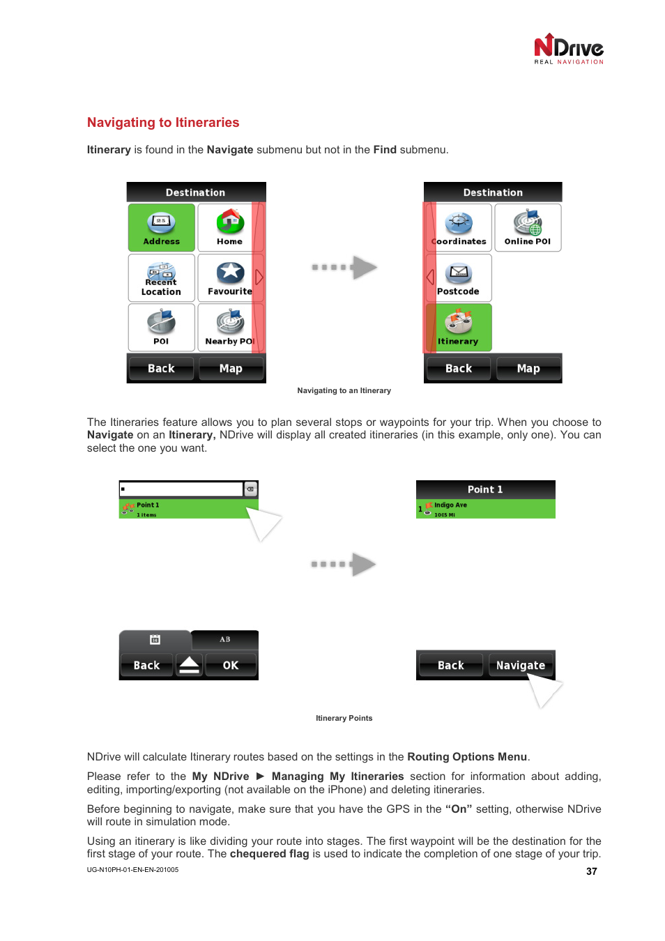 Navigating to itineraries | NDrive 10 for phones User Manual | Page 38 / 67