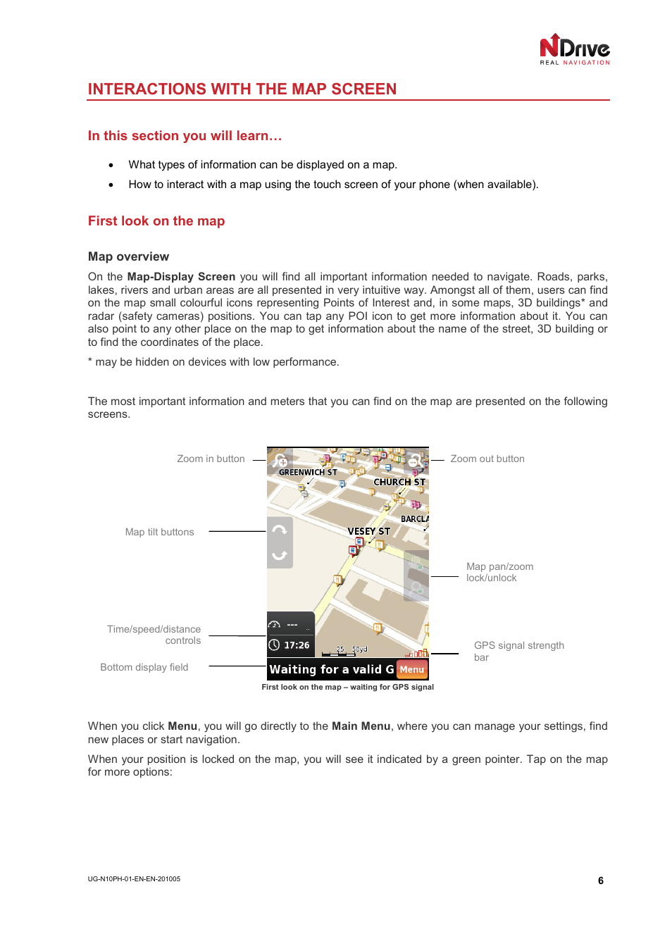 Interactions with the map screen, In this section you will learn, First look on the map | NDrive 10 for phones User Manual | Page 7 / 67