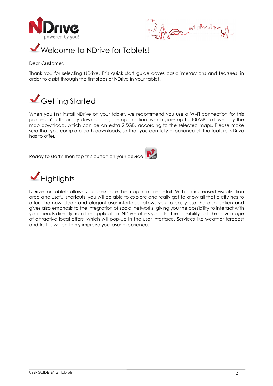 Welcome to ndrive for tablets, Getting started, Highlights | NDrive 11 for tablets User Manual | Page 3 / 16