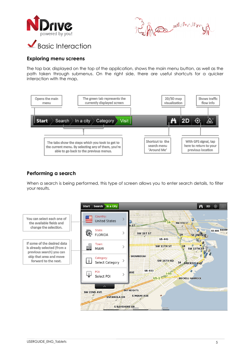 Basic interaction, Exploring menu screens, Performing a search | NDrive 11 for tablets User Manual | Page 6 / 16