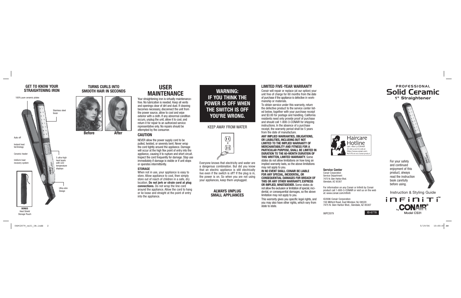 Solid ceramic, User maintenance | Conair Straightening Iron User Manual | Page 2 / 2