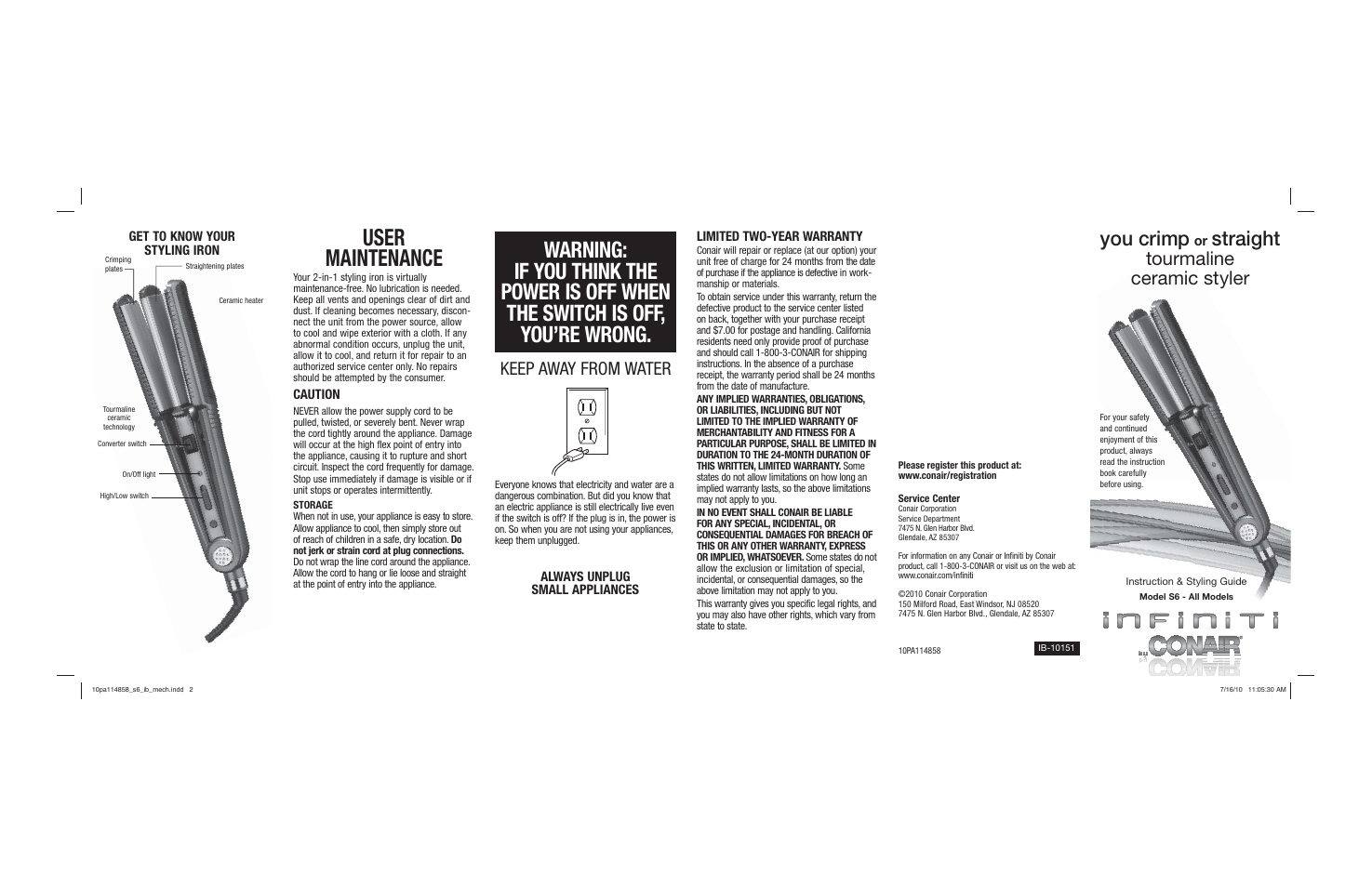 User maintenance, You crimp, Straight | Tourmaline ceramic styler, Keep away from water | Conair S6 User Manual | Page 2 / 2