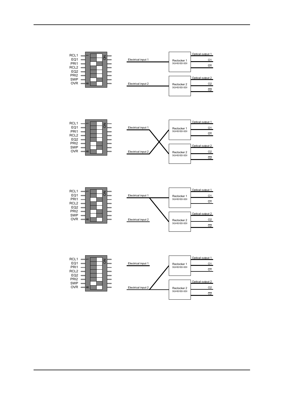 7 dual converter configuration example, 3ghd-eo / 3ghd-eo-2 rev. e, Figure 8 dual eo converter, standard setup | Figure 9 dual eo converter, input swap, Figure 10 single eo converter with da, input 1, Figure 11 single eo converter with da, input 2 | Nevion 3GHD-EO User Manual | Page 13 / 23