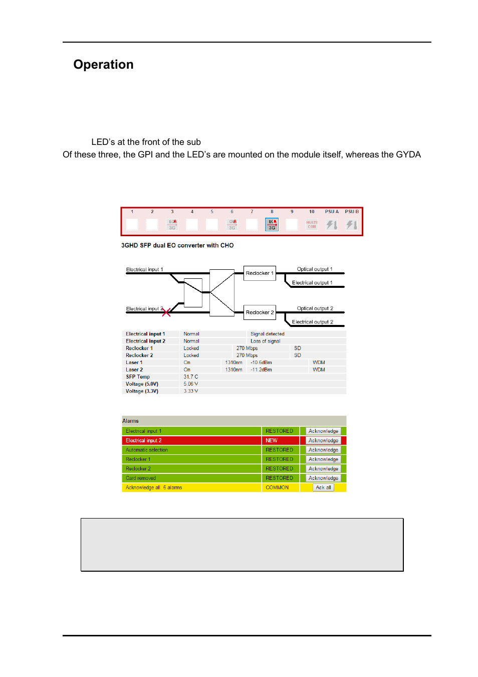 4 operation, 1 module status, 1 multicon gyda status interface | 4operation | Nevion 3GHD-EO-2-SFP User Manual | Page 12 / 19