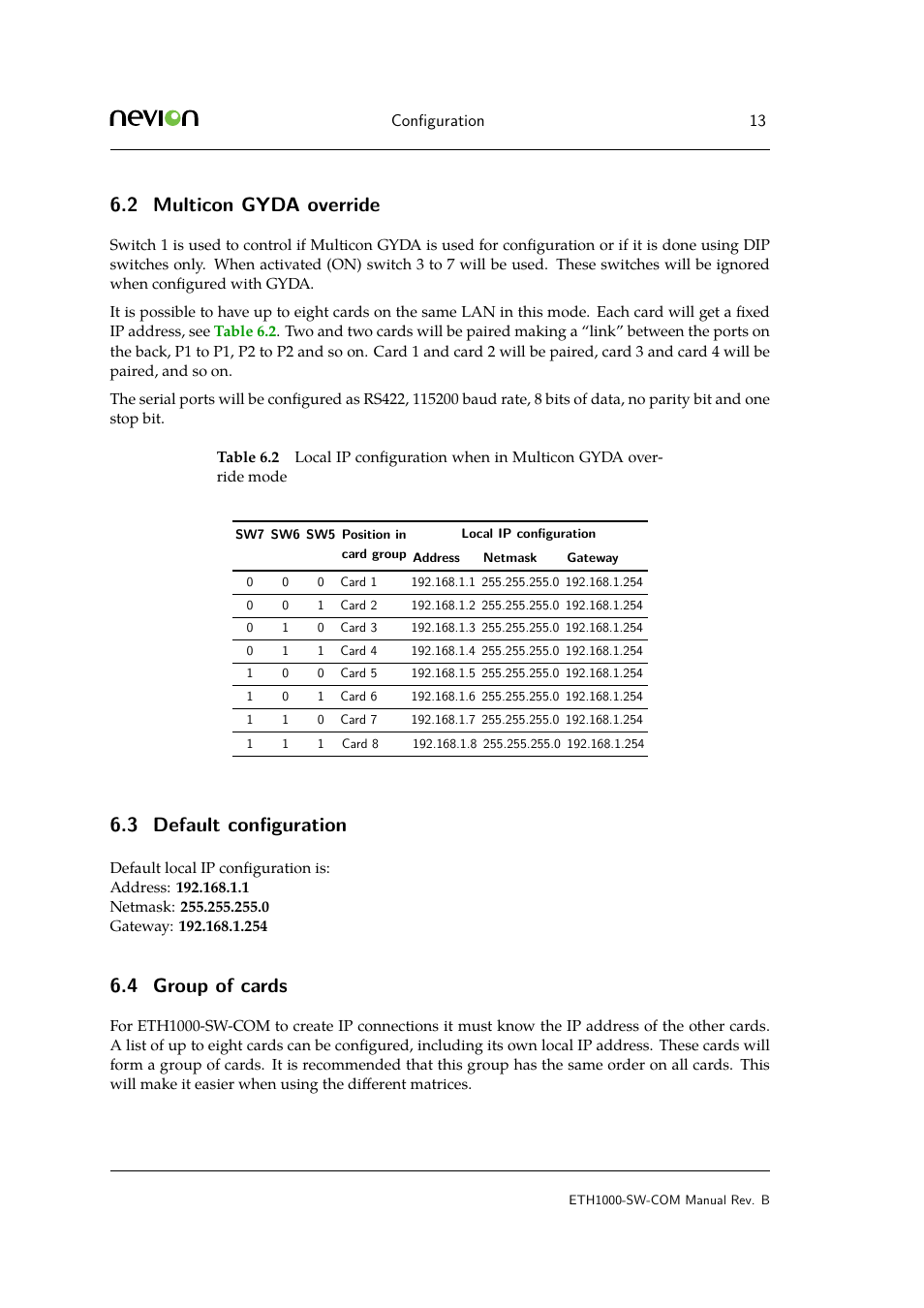 2 multicon gyda override, 3 default configuration, 4 6.5 in-band management | Multicon, Group, Table 6.2, 3 default conﬁguration, 4 group of cards | Nevion ETH1000-SW-COM User Manual | Page 13 / 23