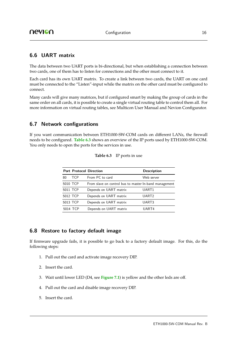 6 uart matrix, 7 network configurations, 8 7.2 firmware upgrade | 7 network conﬁgurations, 8 restore to factory default image | Nevion ETH1000-SW-COM User Manual | Page 16 / 23