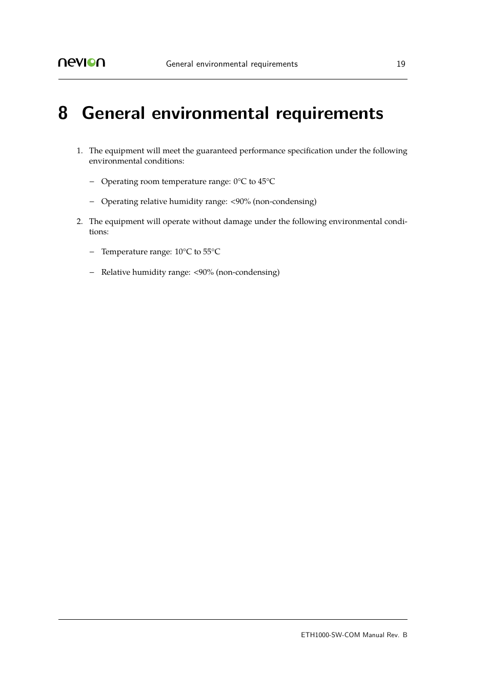 8 9 product warranty, General, 8 general environmental requirements | Nevion ETH1000-SW-COM User Manual | Page 19 / 23