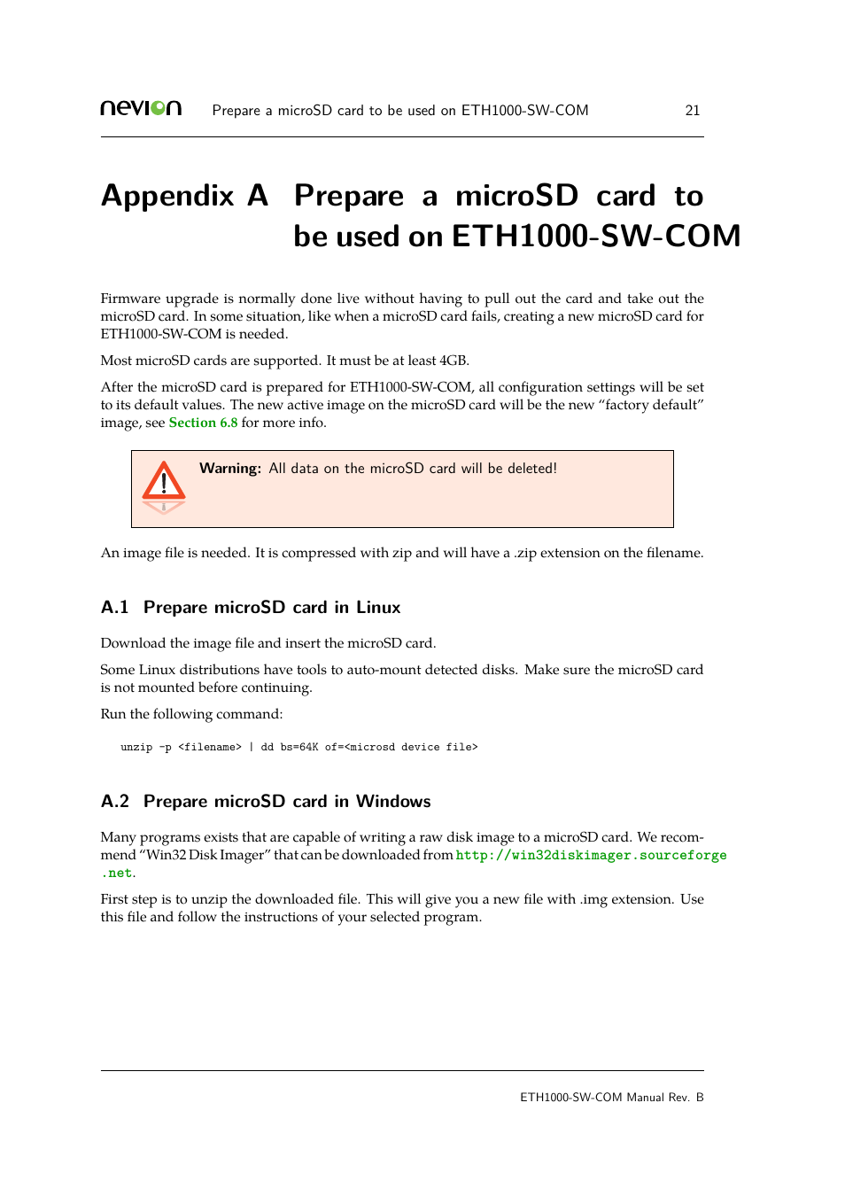 A.1 prepare microsd card in linux, A.2 b.2 recycling information, Prepare | Appendix a | Nevion ETH1000-SW-COM User Manual | Page 21 / 23
