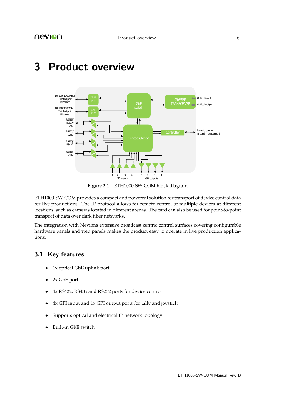 3 product overview, 1 4.4 electrical ethernet port, Product | 1 key features, Product overview 6 | Nevion ETH1000-SW-COM User Manual | Page 6 / 23