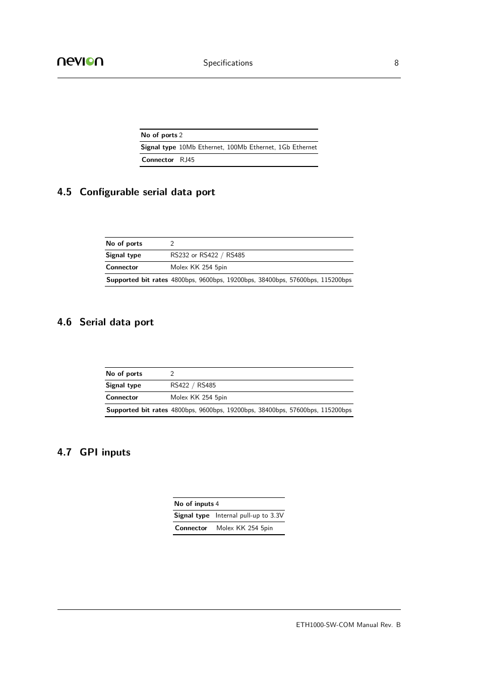 5 configurable serial data port, 6 serial data port, 7 4.8 gpi outupts | Conﬁgur, Serial, 5 conﬁgurable serial data port, 7 gpi inputs | Nevion ETH1000-SW-COM User Manual | Page 8 / 23