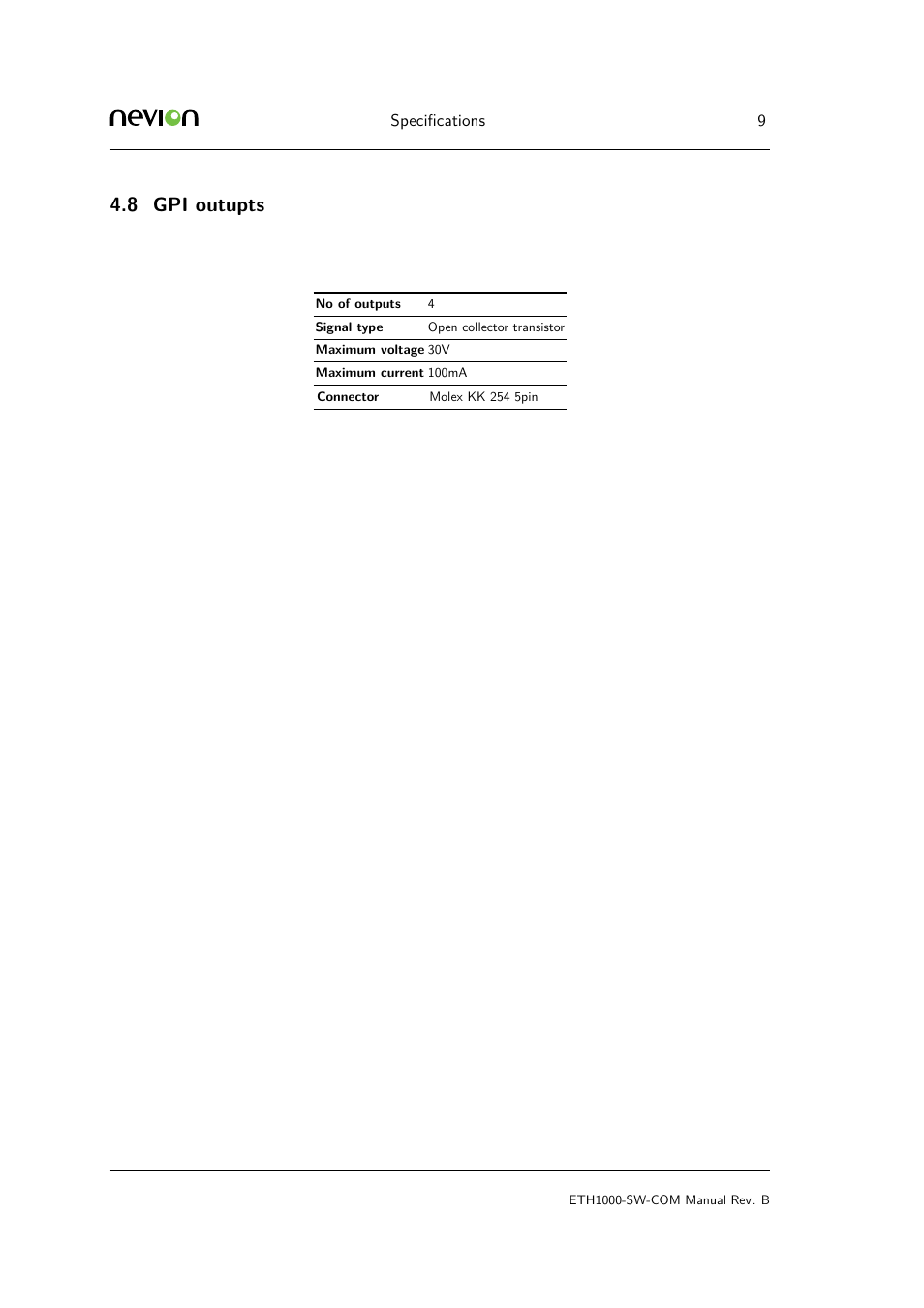 8 5.1 eth1000-sw-com-c1, 8 gpi outupts | Nevion ETH1000-SW-COM User Manual | Page 9 / 23