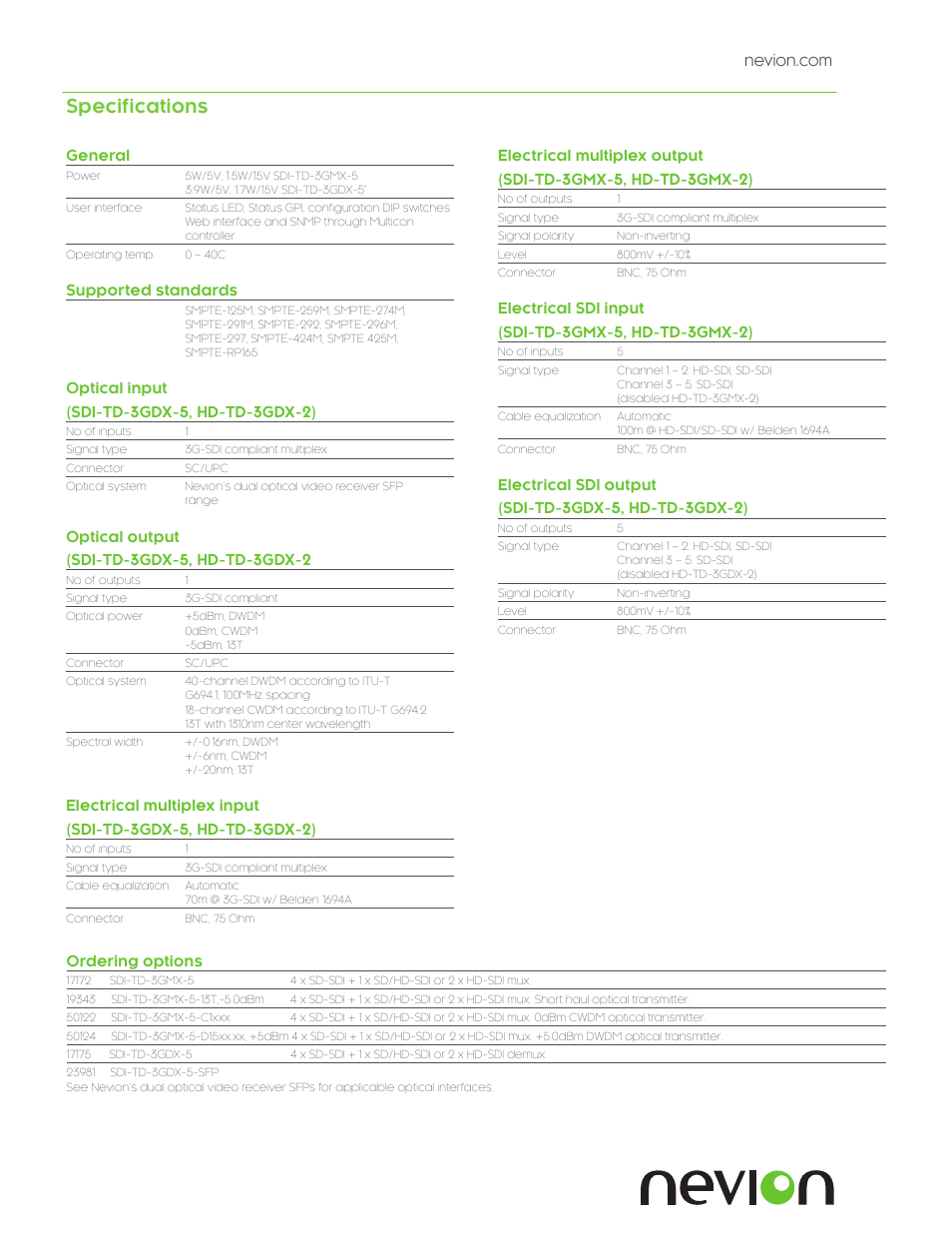 Specifications | Nevion SDI-TD-3GMX-5 User Manual | Page 3 / 4