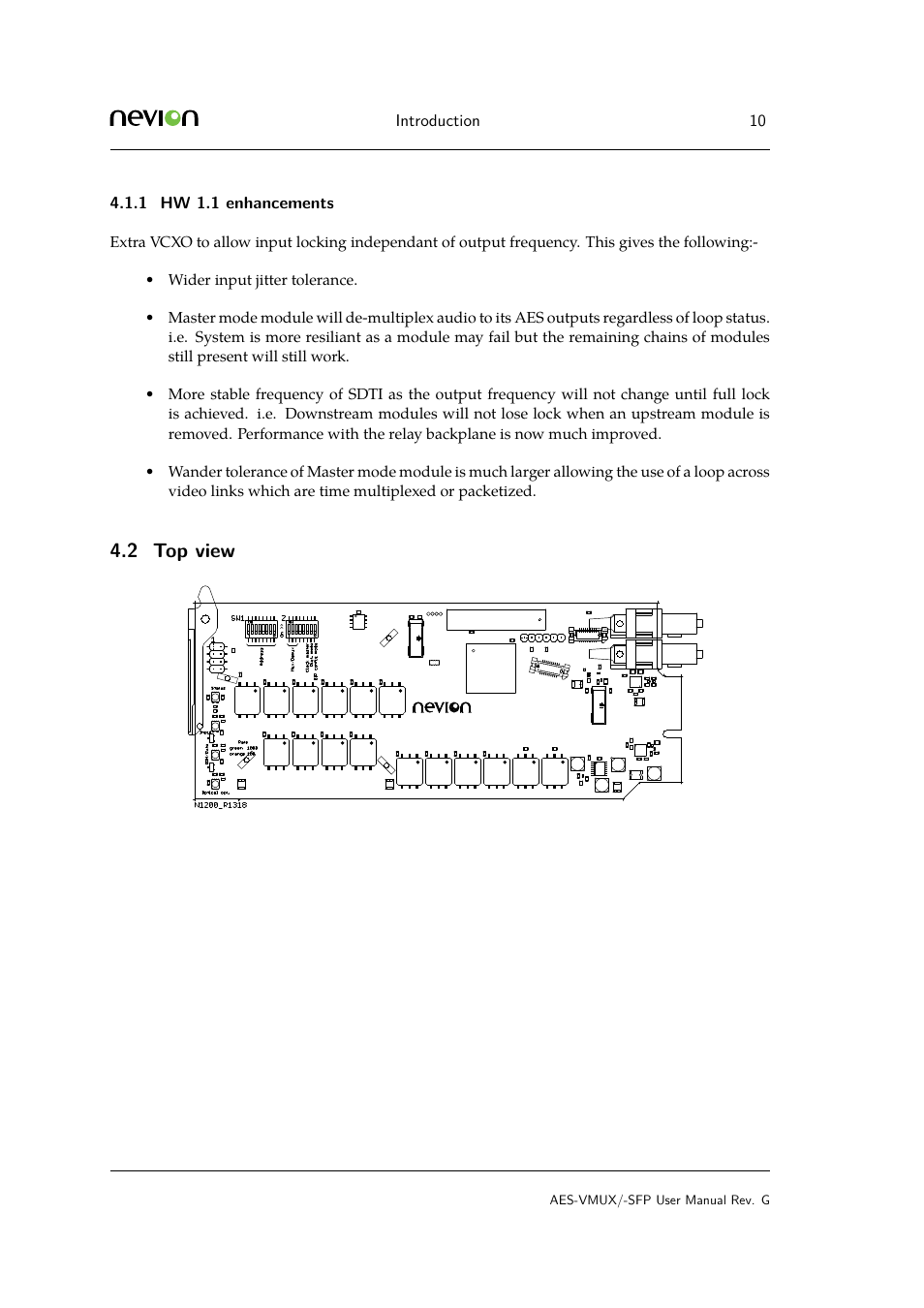 1 hw 1.1 enhancements, 2 5.4 latencies, 2 top view | Nevion AES-VMUX User Manual | Page 10 / 37