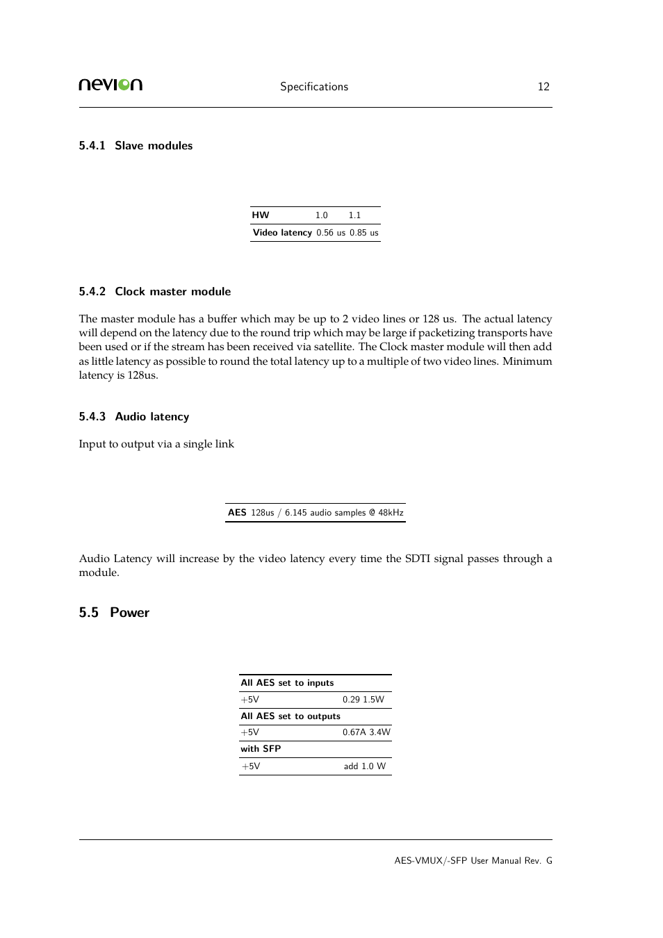 1 slave modules, 2 clock master module, 3 audio latency | 5 5.6 input wander and jitter tolerance, Clock, 5 power | Nevion AES-VMUX User Manual | Page 12 / 37