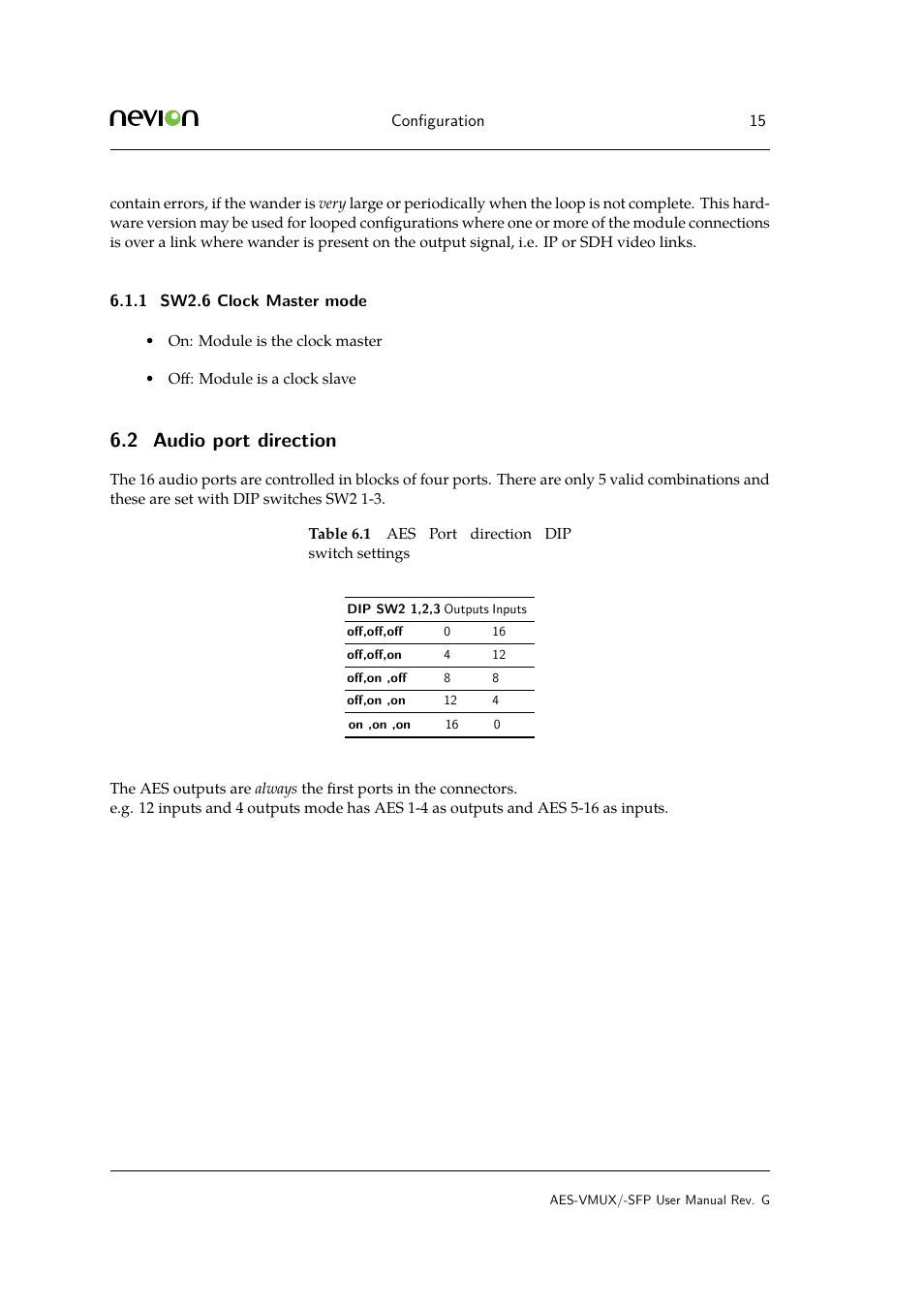 1 sw2.6 clock master mode, 2 audio port direction | Nevion AES-VMUX User Manual | Page 15 / 37