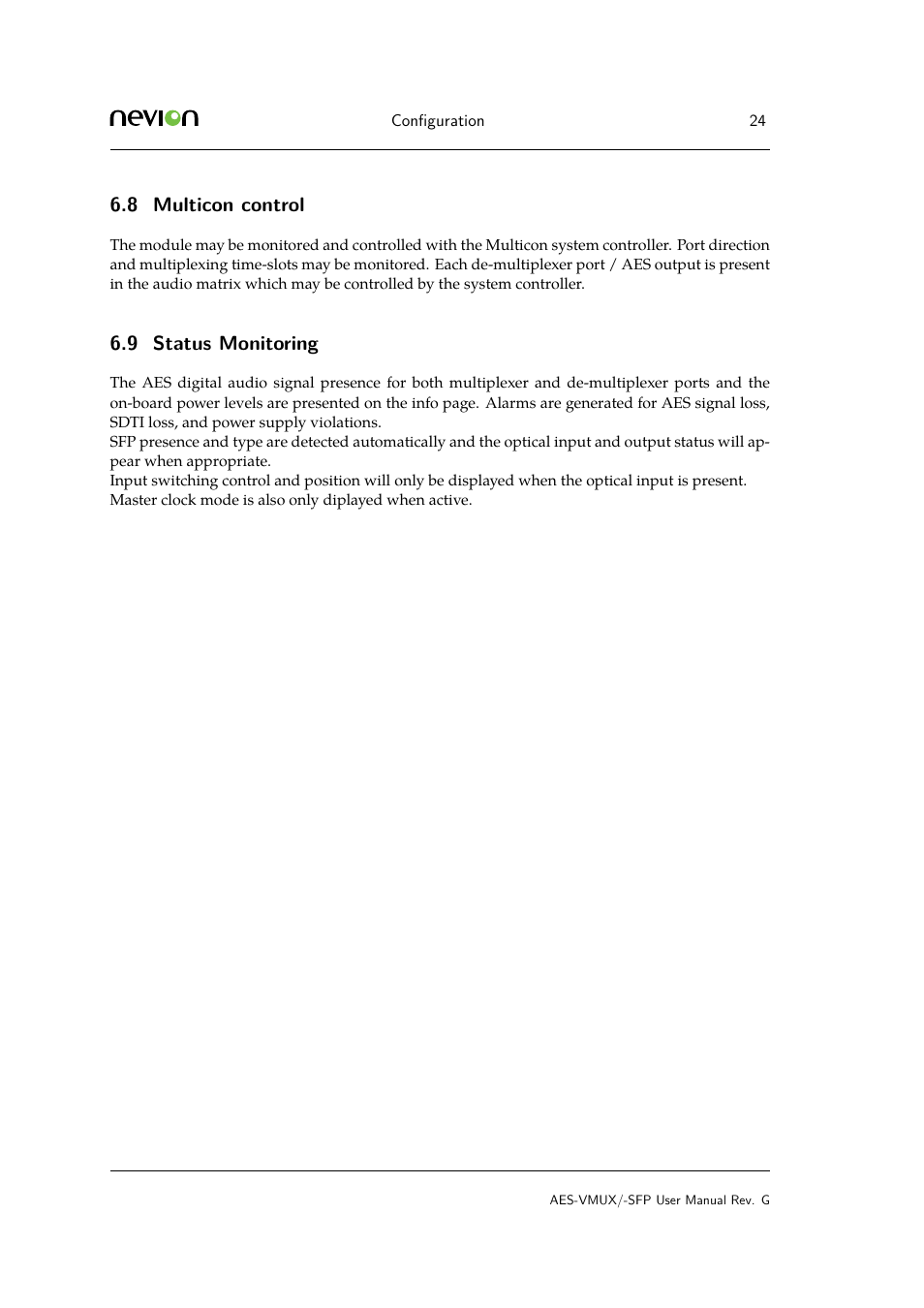 8 multicon control, 9 7 connections, Multicon | 9 status monitoring | Nevion AES-VMUX User Manual | Page 24 / 37