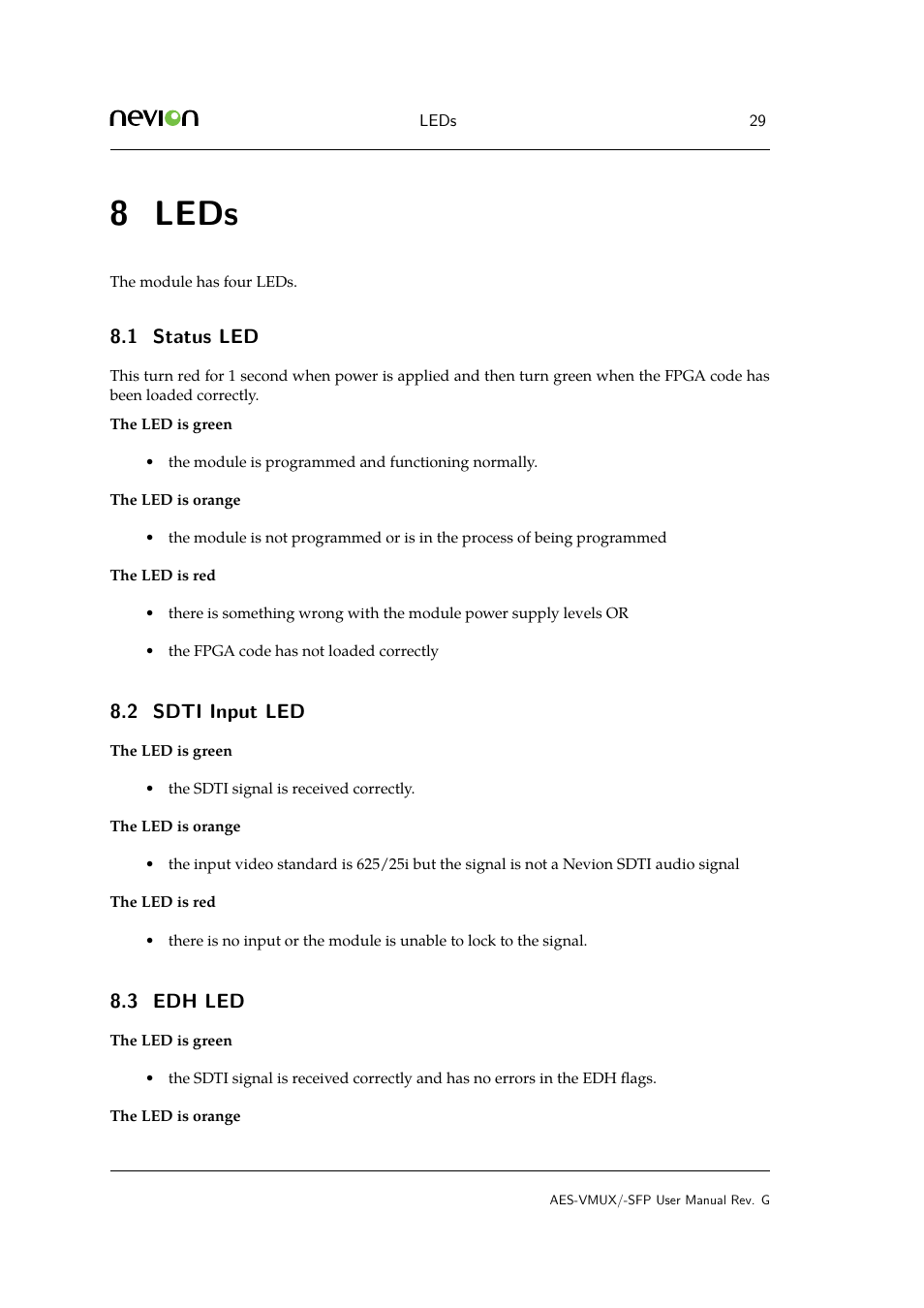 8 leds, 1 status led, 2 sdti input led | 3 8.4 optical option led, Leds, 3 edh led | Nevion AES-VMUX User Manual | Page 29 / 37