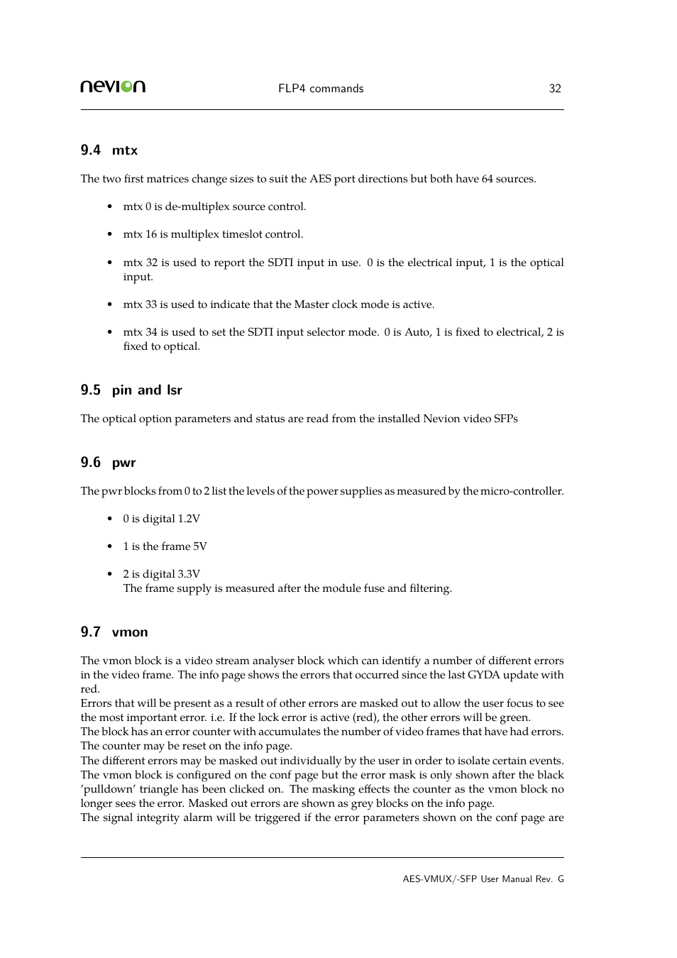 4 mtx, 5 pin and lsr, 6 pwr | 7 vmon, Vmon | Nevion AES-VMUX User Manual | Page 32 / 37