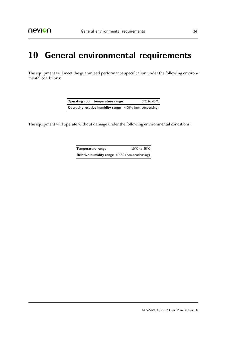 10 11 product warranty, General, 10 general environmental requirements | Nevion AES-VMUX User Manual | Page 34 / 37