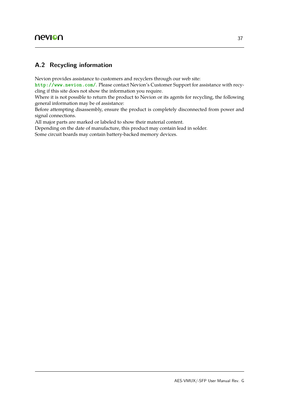 A.2 recycling information | Nevion AES-VMUX User Manual | Page 37 / 37