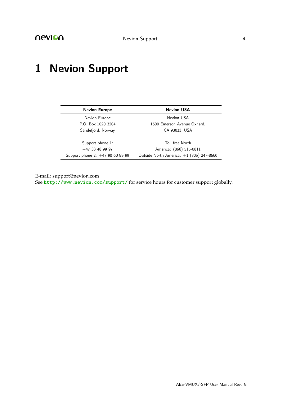 1 2 revision history, 1 nevion support | Nevion AES-VMUX User Manual | Page 4 / 37